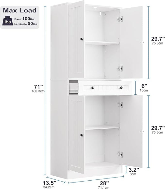 Kitchen Pantry Storage Cabinet, 71" H Farmhouse Pantry Cabinet with 4 Doors & Drawer, Freestanding Cupboard with Adjustable Shelves, Rustic Wood Cupboard for Kitchen, Dining Room, White