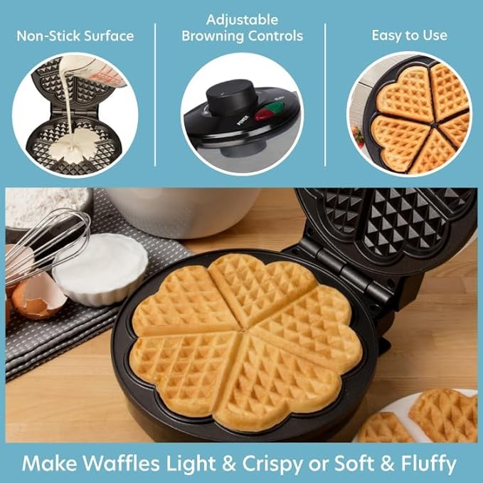 Heart Waffle Maker- Make 5 Mini Heart Shaped Waffles, Special Loved Ones Breakfast- Easy Clean Non-stick Baker, Electric Waffler Griddle Iron with Adjustable Temperature Control- Mother's Day Gift