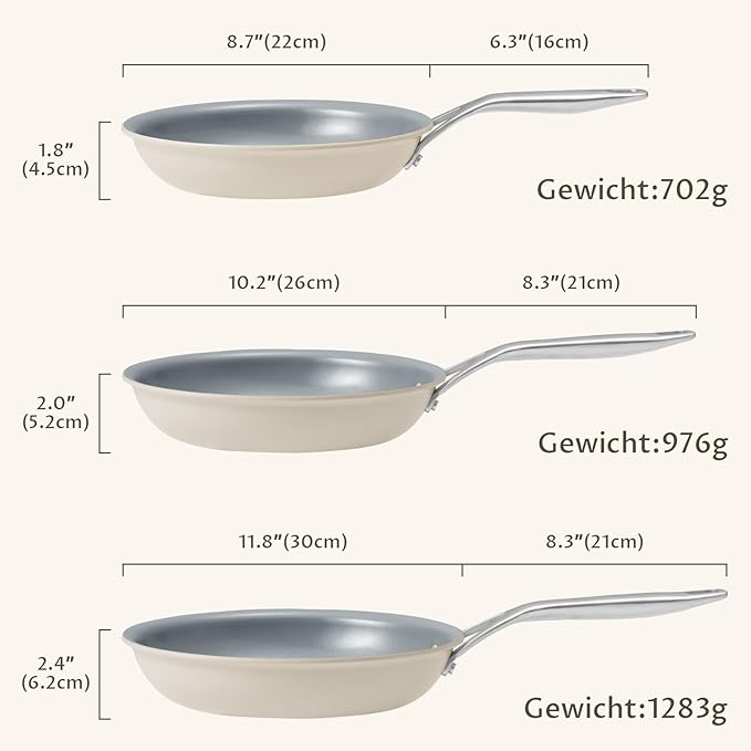 BLAZANT Non Stick Frying Pans Set, Ceramic Frying Pans Nonstick, 3-Piece Nonstick Induction Skillet Set (8", 9.5", 11") with Cast Steel Handles, SolidPlate Induction Base, PTFE/PFAS Free, Oven Safe