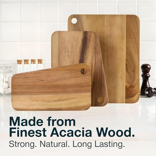 Sango Acacia Cutting Board Set with Slant Edge and Hanging Holes, 3-Piece - Wood Chopping Boards, Stackable & Reversible for Kitchen, Non-Toxic, Perfect as Butcher Block Countertop, Atelier
