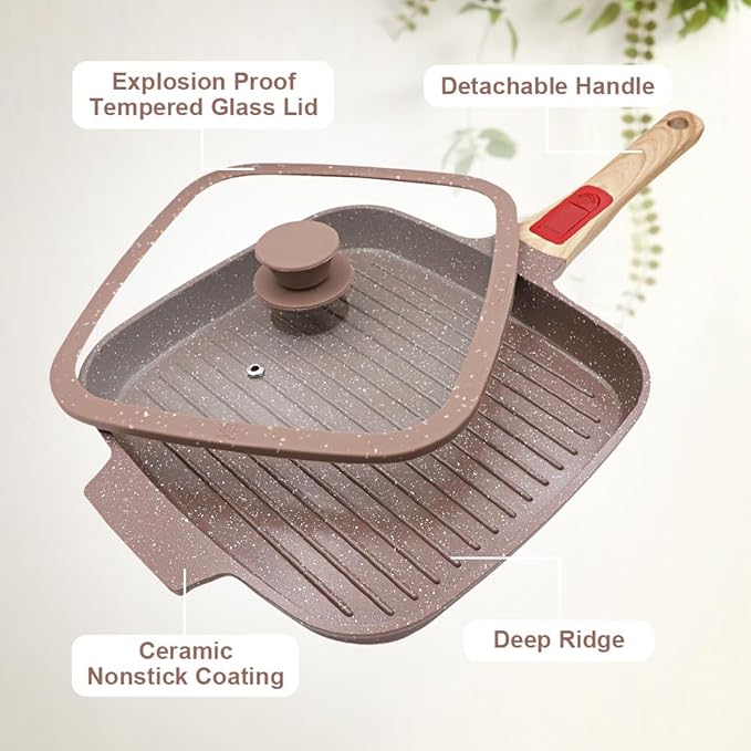 RANX INGST Nonstick Griddle Pan with Lid 10 Inch, Ceramic Coating, Detachable Handle, PFOA Free, Brown