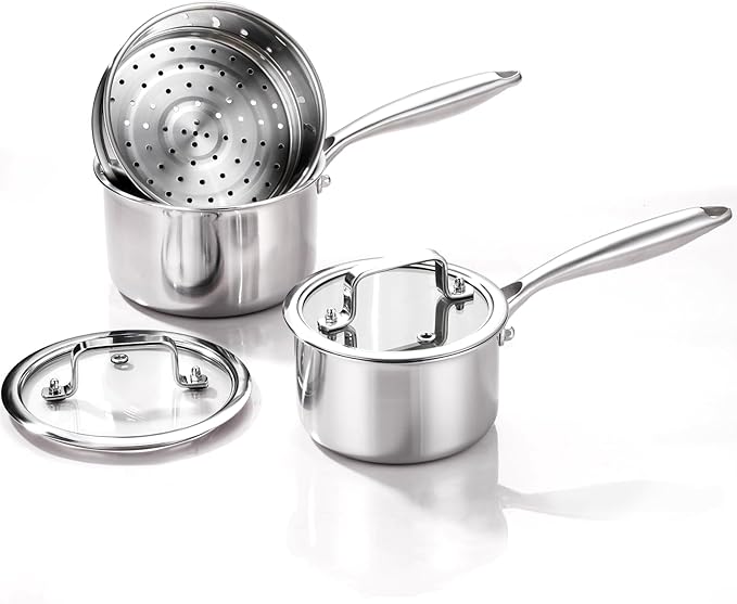 MOUTIUS 1QT+2QT With Steamer Triple Stainless Steel Saucepan with Lid, Ramen Pot with Clear Glass Cover, Small Sauce Pan for Cooking Oatmeal, Induction-Ready, Dishwasher-Safe, Suitable for All Stoves