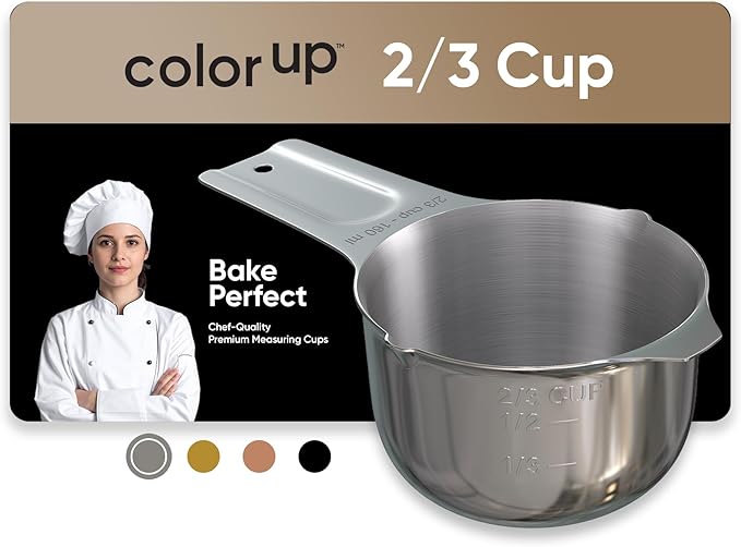 Color Up ⅔ Cup Measuring Cup (160 ml) – Premium Chrome Stainless Steel, Accurate for Wet & Dry Ingredients, Embossed Markings, Easy-Pour Spouts, Dishwasher-Safe, Kitchen Essential
