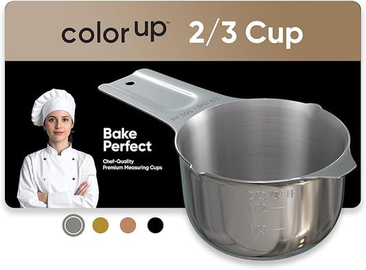 Color Up ⅔ Cup Measuring Cup (160 ml) – Premium Chrome Stainless Steel, Accurate for Wet & Dry Ingredients, Embossed Markings, Easy-Pour Spouts, Dishwasher-Safe, Kitchen Essential