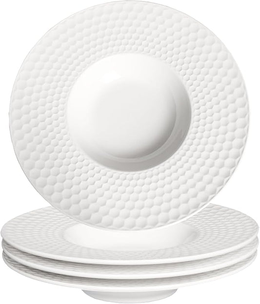 Creative home decor ceramic wide-rimmed soup bowls/plates, 10.5 oz pasta bowl four-piece set, white embossed bowls and plates with rims, ideal for upscale restaurants, hotels and gourmets, 11 inches.