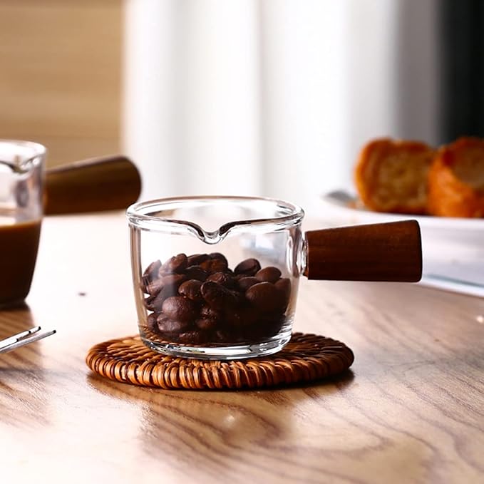 Mwellewm Single Spout Espresso Coffee Shot Glass with Wood Handle Measuring Cup Triple Pitcher Milk Cup Coffee Replacement Carafe for Barista Coffee Carafe Milk Espresso Making, 75 ml (1 Piece)