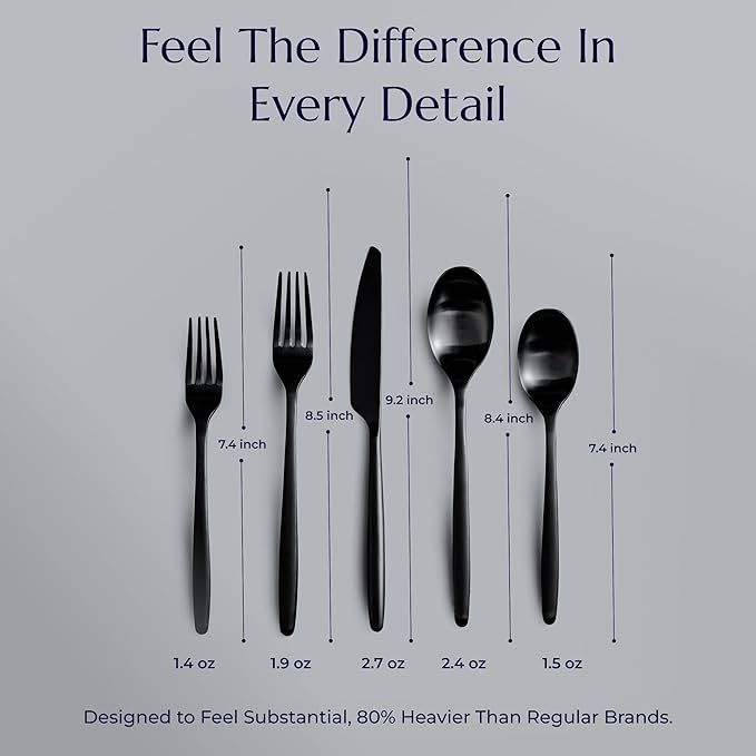 JazzUpCo Ava Flatware Flatware non toxic 18/10 stainless steel dishwasher safe (Matte Black, 4 Person Set (20 Pieces))