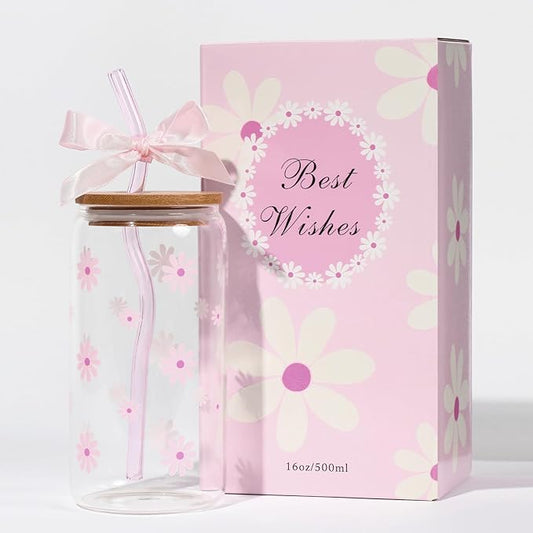 Cute Glass Cups with Lids and Straws, Teen Girl Birthday Gifts Daisy Iced Coffee Cup, Pink Aesthetic Mug Tumbler for Mothers Day Christmas Valentines Coffee Lover 16oz