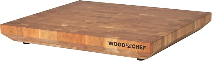 WoodForChef Heritage Cherry End Grain Board – Heavy Butcher Block Board with Feet & Mineral Oil Bottle – Foodsafe Wooden Prep Deck for Kitchen & Professional Chefs - 18x16x2 inches