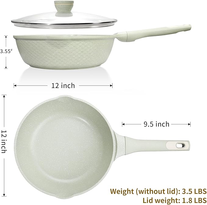 Xuanying 12 Inch Nonstick Saute Pan with Lid - 5.5Qt Large Deep Frying Skillet, PFOA/PFAS Free & Dishwasher Safe, All Stovetop Compatible Including Induction