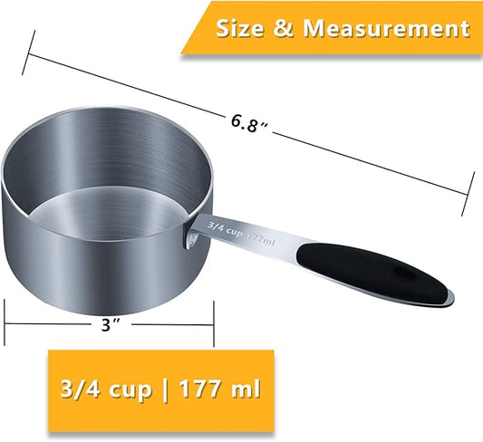 1PCS 3/4Cup (177ml, 6oz) Single Measuring Cup with Black Silicone Grip, Stainless Steel Individual Measure Scoop Only
