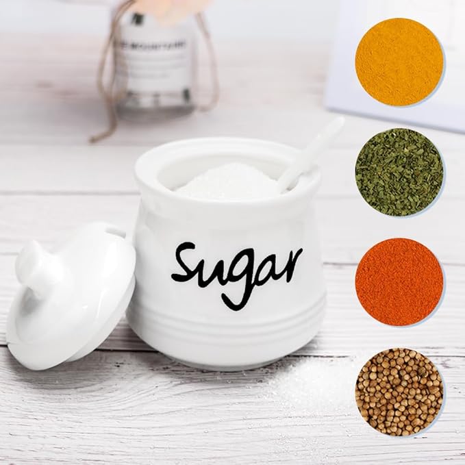 Ceramic Sugar Bowl with Lid and Spoon, 12 Ounces Porcelain Sugar Jar Sugar Dispenser, Sugar Container for Home and Kitchen Decor (White)
