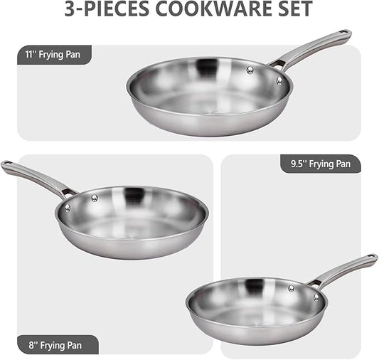 VINGLI 8'' 10'' 12'' Stainless Steel Frying Pan Set, Tri-Ply Skillets Set, Non-Toxic Chef's Pan, PFOA & PTFE Free Skillets, Compatible for All Cooktops, Dishwasher & Oven Safe (3-Pcs SKillets Set)