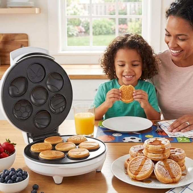 Sports Waffle Maker- Make Breakfast a Slam Dunk- Bakes 7 Themed Pancakes Including Football, Baseball, Basketball, Soccer, Tennis & More- Electric Nonstick Waffler with Recipe Guide- Kids Morning Fun
