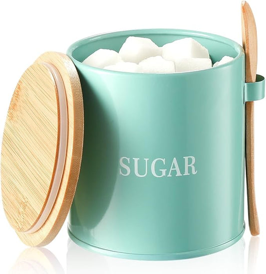 AISBUGUR Sugar Bowl with Lid and Spoon: 17oz Metal Sugar Container - Airtight Food Sugar Jar - Coffee Bar Accessories - Countertop Kitchen Decor (Green)