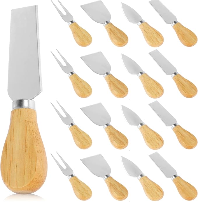 16Pcs Cheese Knives Set Stainless Steel Cheese Knife Spreaders BULK Butter Cutter Cheese Cutting Spatula Forks Wooden Handle Small Cheese Spreader Tool Cheese Knives for Charcuterie Board Christmas