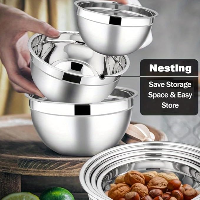 Thsinde Mixing Bowl with Airtight Lids Set of 6, Stainless Steel Nesting Salad Bowls for Mixing & Serving, 3 Grater Attachments & Non-Slip Bottoms (Size 7-1QT)