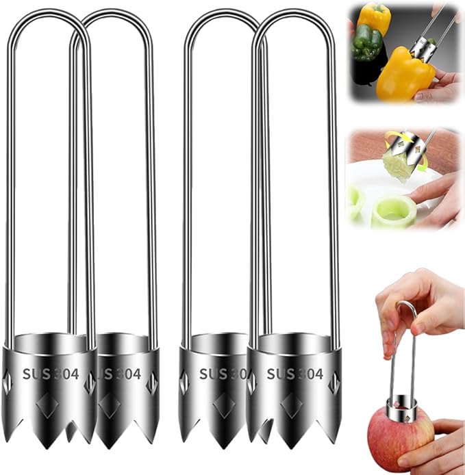 Multifunctional Fruit And Vegetable Core Remover,Red Bell Pepper Seed Corer Universal Stainless Steel Fruit Core Remover,Bell Pepper Corer Cutter Tool for Kitchen Gadget (4, Silver)