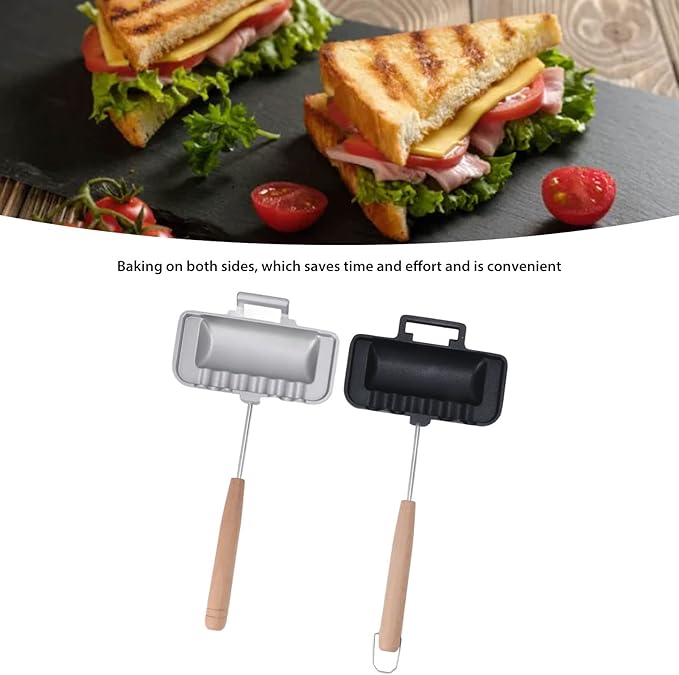 Stovetop Sandwich Maker, Double Sided Hot Dog Toaster with Long Wooden Handle, Removable Crimp Sealing Frying Pan for Breakfast Pancakes, Omelets, Cheese