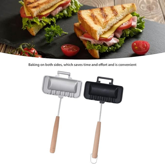 Stovetop Sandwich Maker, Double Sided Hot Dog Toaster with Long Wooden Handle, Removable Crimp Sealing Frying Pan for Breakfast Pancakes, Omelets, Cheese