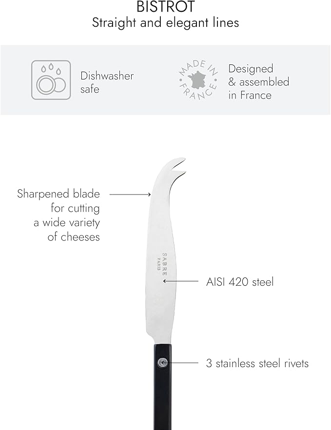 SABRE PARIS - Cheese Knife 9.4 inches - Bistrot Vintage Collection - All Cheeses - Stainless Steel & Nylon - Dishwasher Safe - Black - Mat Finish