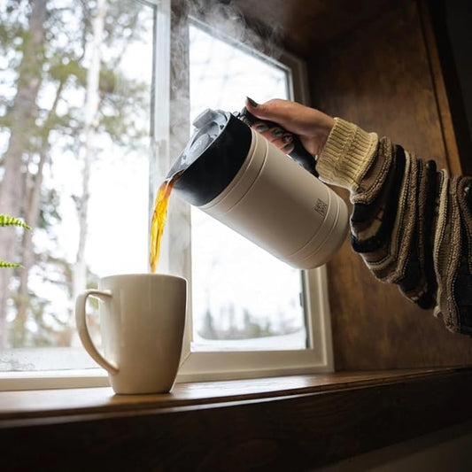 BruTrek Basecamp Coffee Press - Double Wall Vacuum Insulated Stainless Steel - Bru-Stop Technology, No Grounds in Coffee, No Spill Lid (Snowflake White, 32 fl.oz)