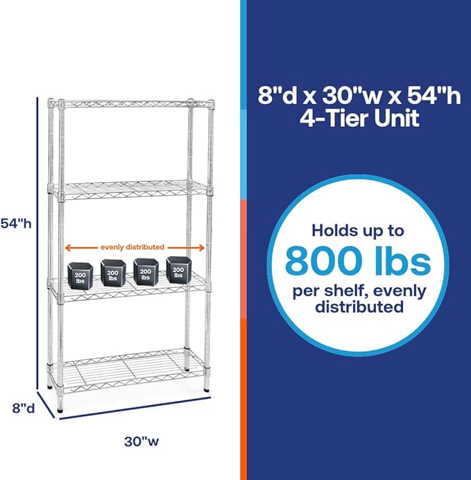 Shelving Inc. 8" d x 30" w x 54" h Chrome Wire Shelving with 4 Tier Shelves, Weight Capacity 800lbs Per Shelf