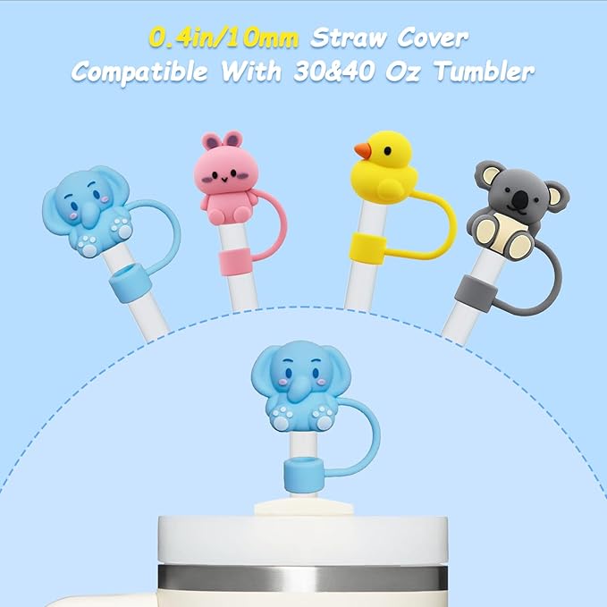 4 Pcs 0.4in Straw Cover for Stanley Cup, Silicone Straw Topper Set for 30&40oz Stanley Tumble, Fit for 10mm/0.4in Straws (Animal)