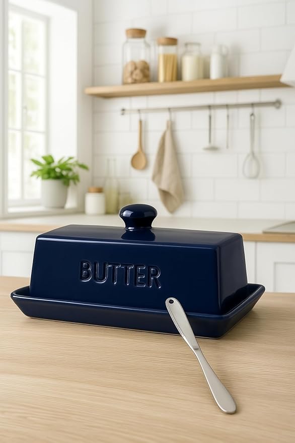 Butter Dish With Lid, WERTIOO Porcelain Butter Keeper With Handle Cover French Butter Dish with Stainless Steel 3 in 1 Butter Spreader Container for Countertop, Dark Blue