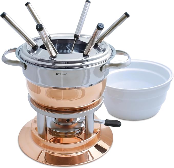 Swissmar Lausanne 11-Piece Copper Plated Fondue Set - Ideal for Cheese & Chocolate Fondue, Oil & Broth Cooking - Perfect for Kitchen Collection & Wedding Gifts - 1.8 Liter / 1.9 Quarts