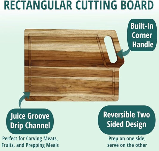 EcoDecors 3 Piece Teak Wood Cutting Board Set, FSC Certified Edge Grain Wood with Juice Groove and Handle, Serving Boards for Chopping and Carving