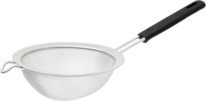 HIC Kitchen Fine Mesh Strainer With Support Handle, Stainless Steel And Silicone Handle, 7-Inch, For Sifting Baking Ingredients, Straining, And Draining Soups, Stocks, And Sauces