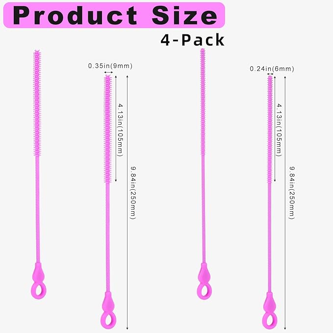 Silicone Straw Cleaner Brush, 4-Piece Reusable Straw Brush Set with Extra-Long Design for Cleaning Thin Metal Straws and Wider Milkshake Straws （6mm+9mm Purple)