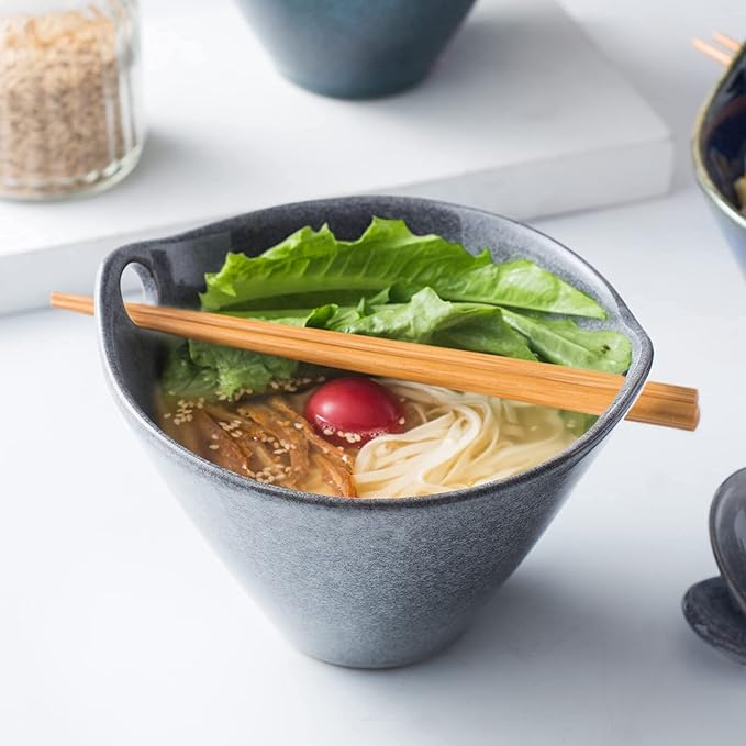 UNICASA Japanese Ramen Bowl Set with Chopsticks, Spoons and Rests, 20oz Deep Porcelain Noodle Bowl Set of 2 for Udon, Pho, Salad, Soup (Reactive Gray)
