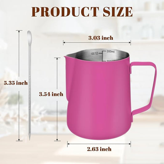 Milk Frothing Pitcher, 12 oz Milk Frother Cup with Clear Scale, 304 Stainless Steel Cappuccino Espresso Machine Accessories for Barista Coffee Bar with Latte Art Pen, Rose Red