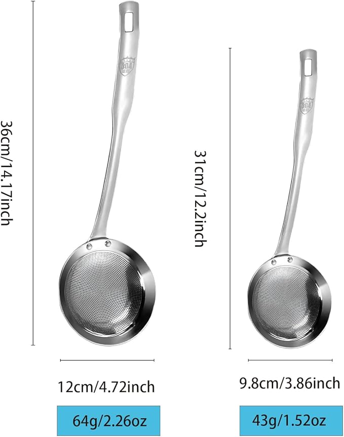 9cm/3.54inch&11cm/4.33inch 304 Stainless Steel Fine Mesh Strainer Set of 2 with Handle for Kitchen, Metal Strainers for Oil Skimmer Spoon Food Strainer Kitchen Gadgets