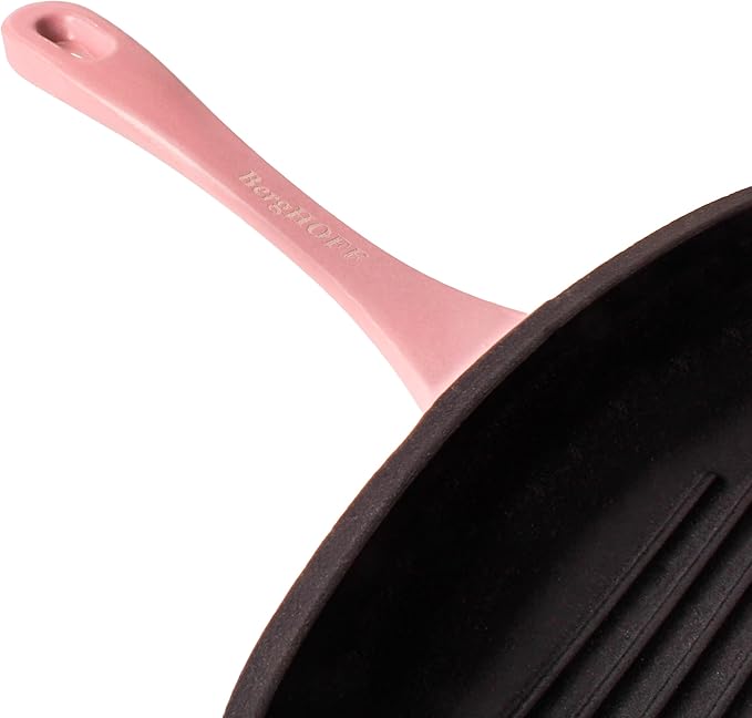 Berghoff Neo 2Pc Enameled Cast Iron Grill Set, Grill Pan 11 inches, Bacon/Steak Press 8 inches, Fast, Evenly Heat, Oven safe (Pink)