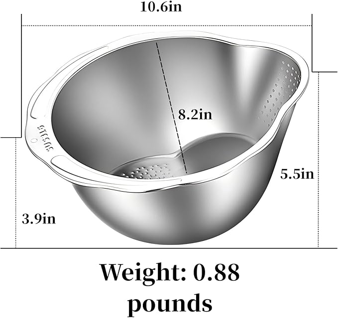 2-Piece 304 Stainless Steel Rice Washer Strainer Bowl with Grater Lid – Multifunctional Fruit Washing Basin and Rice Rinser Set, Heavy-Duty Kitchen Colander