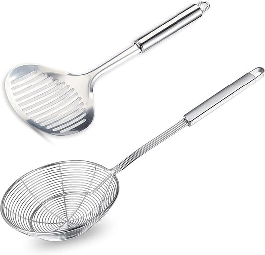TENTA Kitchen Multi Kitchen Utensil Stainless Steel Cooking Skimmer Slotted Fish Turner Spatula Spoon Colander Drain Water Filter Spoon Ladle Spider Strainer Skimmer Ladle for Cooking &Frying (2pcs)