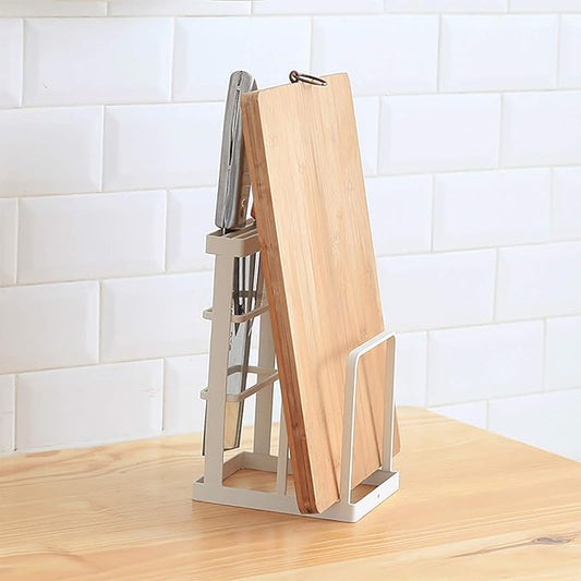 VANRA Metal Knife Block Without Knives, Multifunctional Knife Holder with 2 Layers Cutting Board Rack Dish Rack, Kitchen Storage Organizer,White