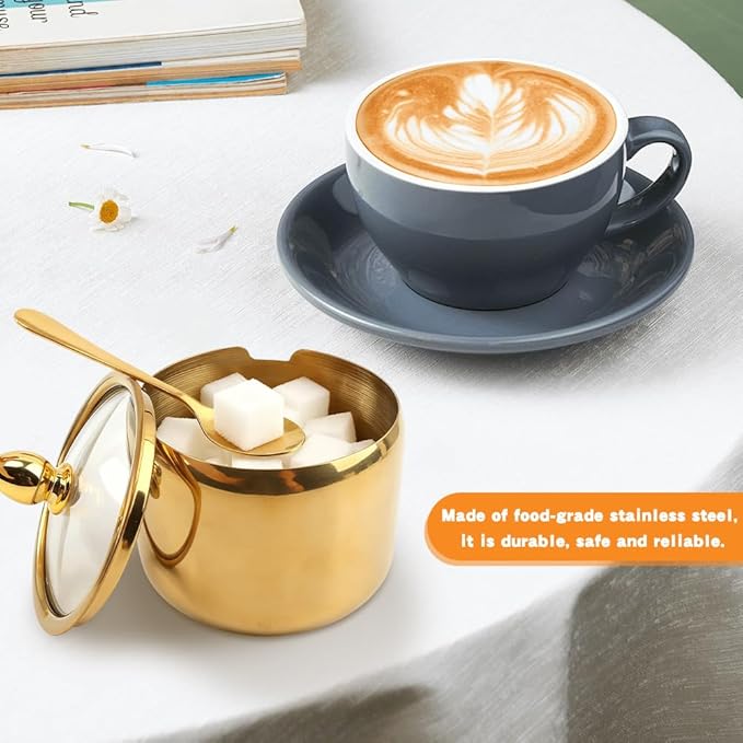 10oz Sugar Bowl with Lid and Spoon, Durable Sugar Pot for Coffee Bar Accessories, Stainless Steel Holder Jar for Salt, Tea, Candy, Home and Kitchen Storage(Gold)