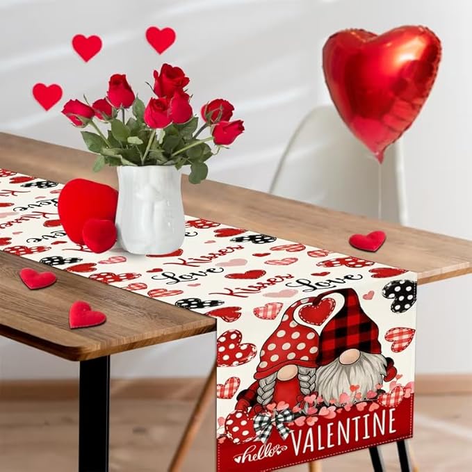 Valentine Red Buffalo Plaid Gnomes Heart Table Runner 13x72 Inch, Linen Love Kitchen Dining Table Decoration for Home Party Holiday Wedding Anniversary