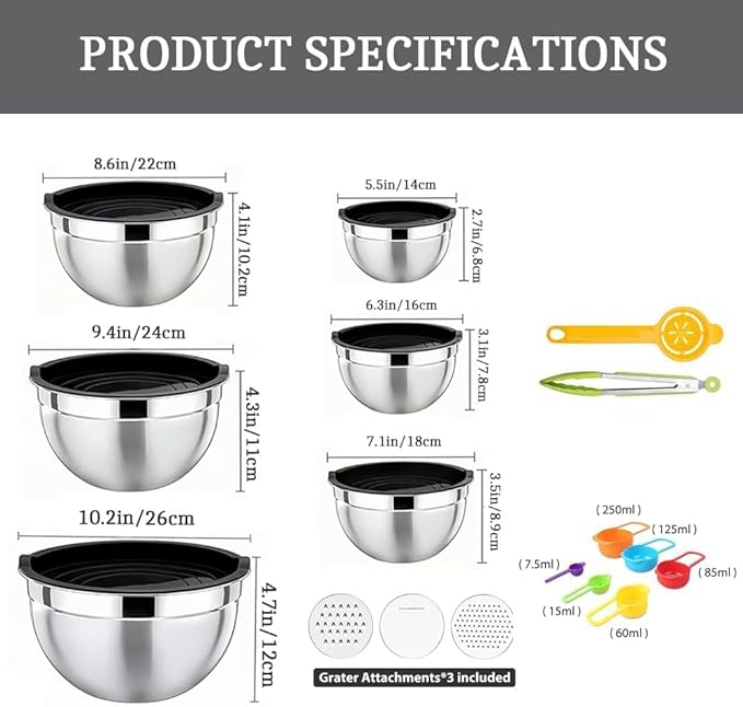 Thsinde Mixing Bowl with Airtight Lids Set of 6, Stainless Steel Nesting Salad Bowls for Mixing & Serving, 3 Grater Attachments & Non-Slip Bottoms (Size 7-1QT)