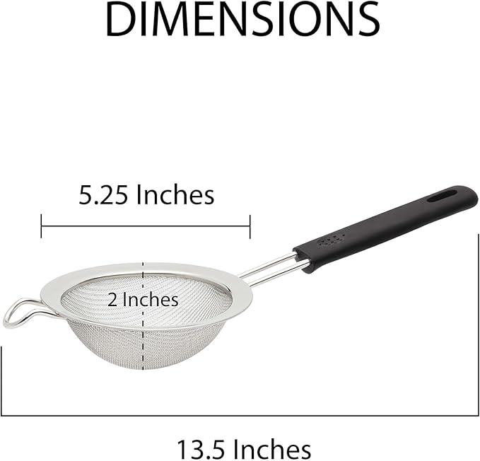 HIC Kitchen Fine Mesh Strainer With Support Handle, Stainless Steel And Silicone Handle, 5-Inch, For Sifting Baking Ingredients, Straining, And Draining Soups And Sauces