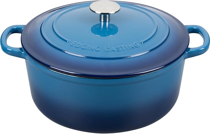 EDGING CASTING Enameled Cast Iron Dutch Oven Pot with Lid, 7 Quart, Round Dutch Ovens for Bread Baking, Bread Oven, Oven Safe up to 500°F, Lake Blue