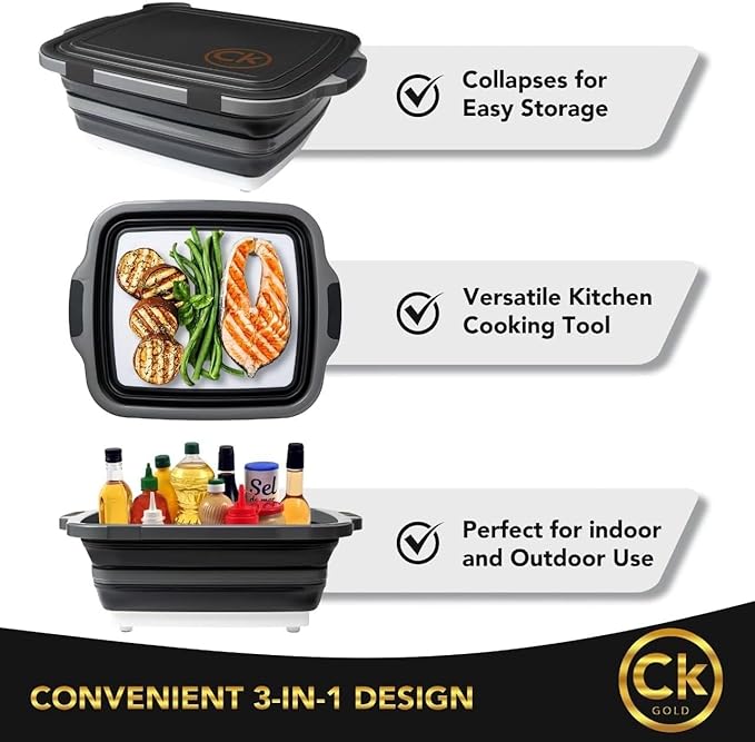 New LARGE Collapsible BBQ Prep Tub /LOCKING Lid, Cutting Board & Drain Hole | BPA-Free, Food-Grade, Recyclable, Space-Saving Buckets for Grilling, Camping, Kitchen & Outdoor Cooking (Black, 8 Liters)