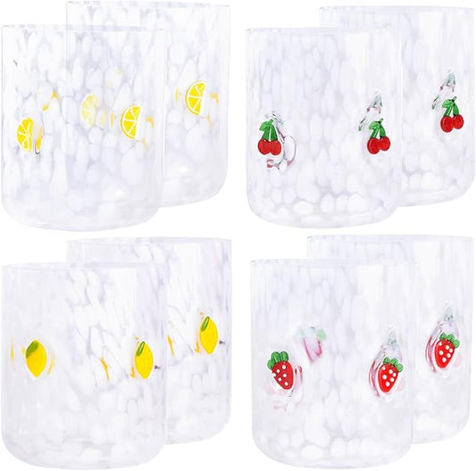 8 PCS 14 Ounce Icon Juice Glasses,Anthropology Glass Cups,Juice Drinking Cups,Four Patterns,Strong and Durable Glasses Are The Great Gifts for Friends!