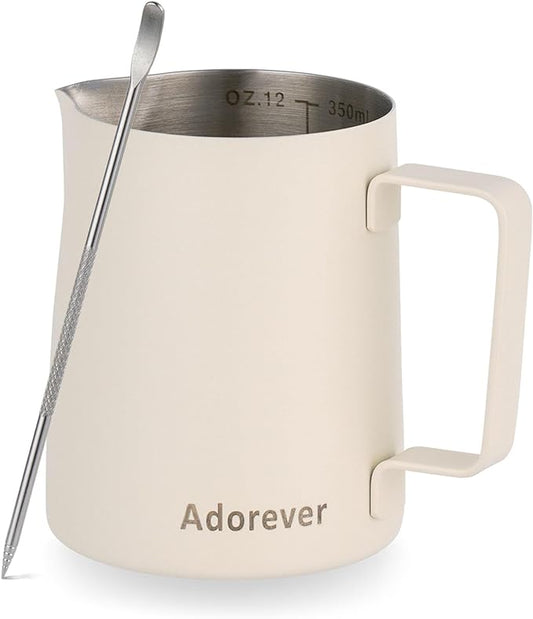 Milk Frothing Pitcher, 350ml/12oz Steaming Pitchers Stainless Steel Milk Coffee Cappuccino Latte Art Barista Steam Pitchers Milk Jug Cup with Decorating Art Pen, Matte White