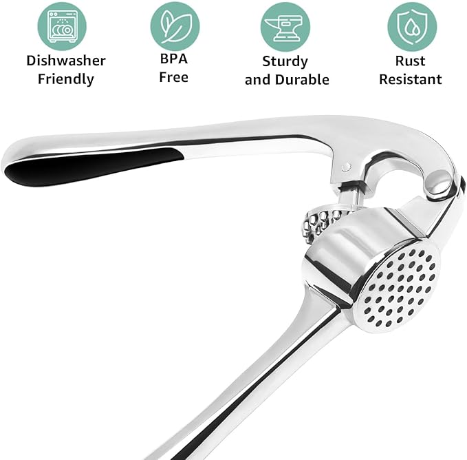 Garlic Press – Heavy Duty Garlic Press Mincer with Ergonomic Handle, Rust-Resistant Zinc Alloy, Dishwasher Safe, Includes Silicone Garlic Peeler & Cleaning Brush (Imperial Silver)