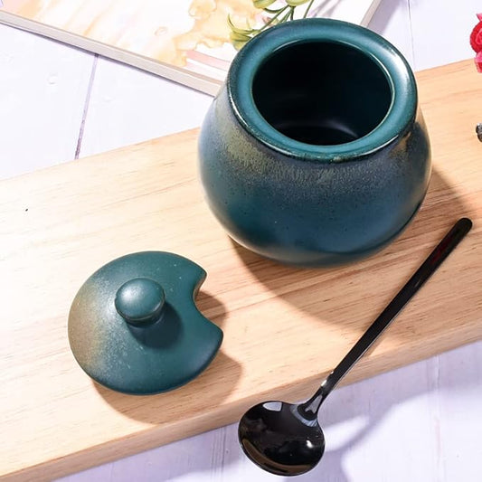 Green Ceramic Sugar Bowls with Spoon Porcelain Salt Container with Lid for Home and Kitchen